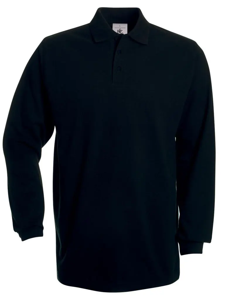 B&C Mens Heavymill Long Sleeved Polo Shirt in Black