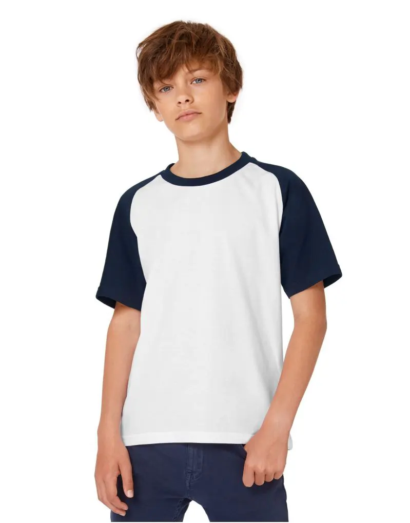 B&C Kids Short Sleeve Baseball Tee in White and Navy