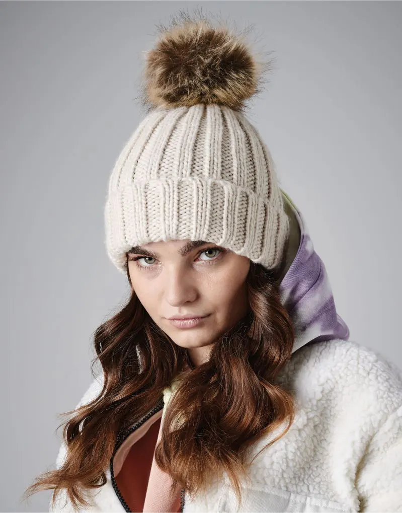 Beechfield Faux Fur Pom Pom Chunky Beanie