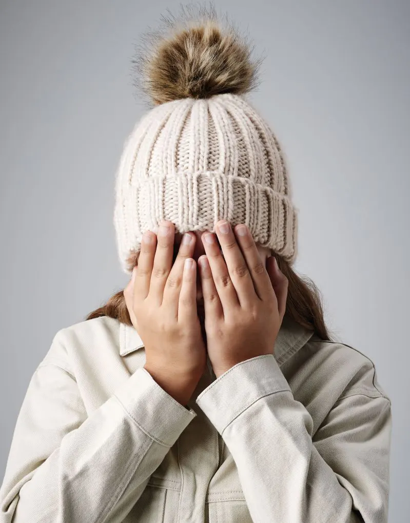 Beechfield Junior Faux Fur Pom Pom Chunky Beanie