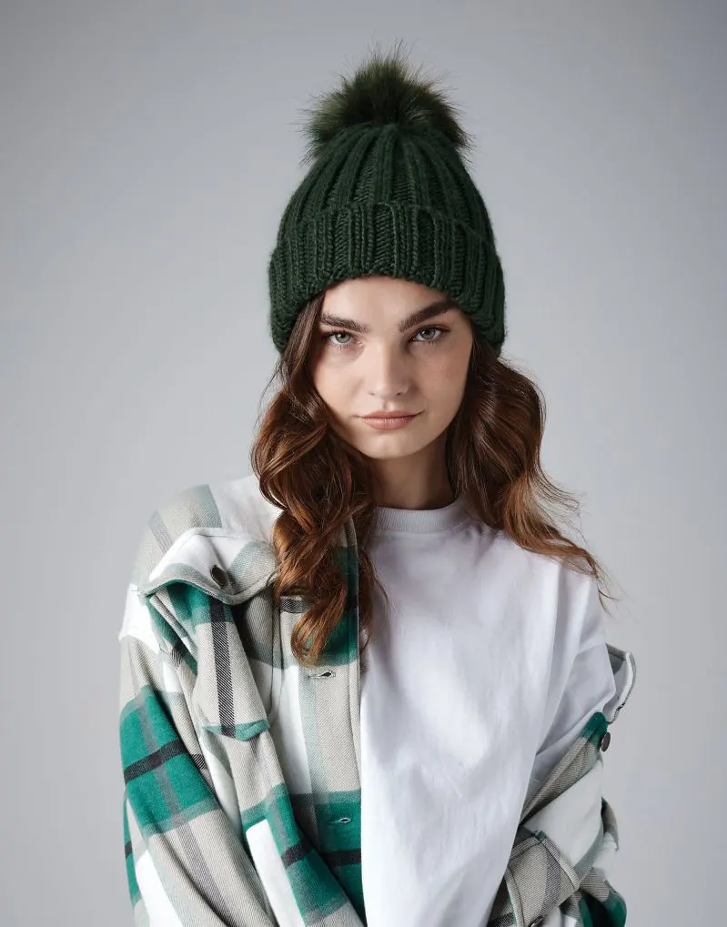 Beechfield Verbier Faux Fur Pop Pom Chunky Beanie