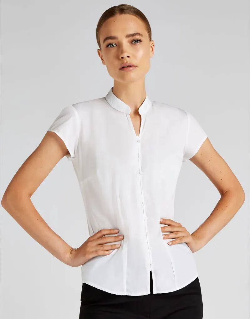 Kustom Kit Womens Tailored Fit Cap Sleeve Mandarin Collar Blouse