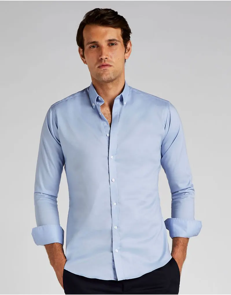 Kustom Kit Mens Slim Fit Long Sleeve Stretch Oxford Shirt