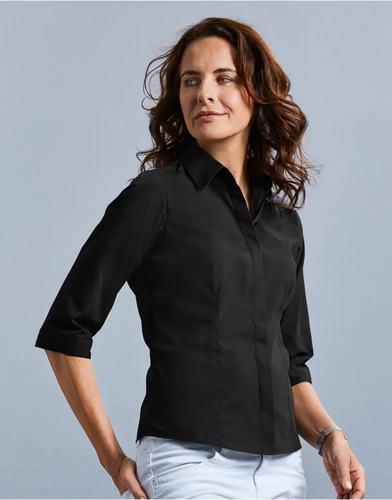 Russell Collection Ladies 3/4 Sleeve Fitted Polycotton Poplin Shirt