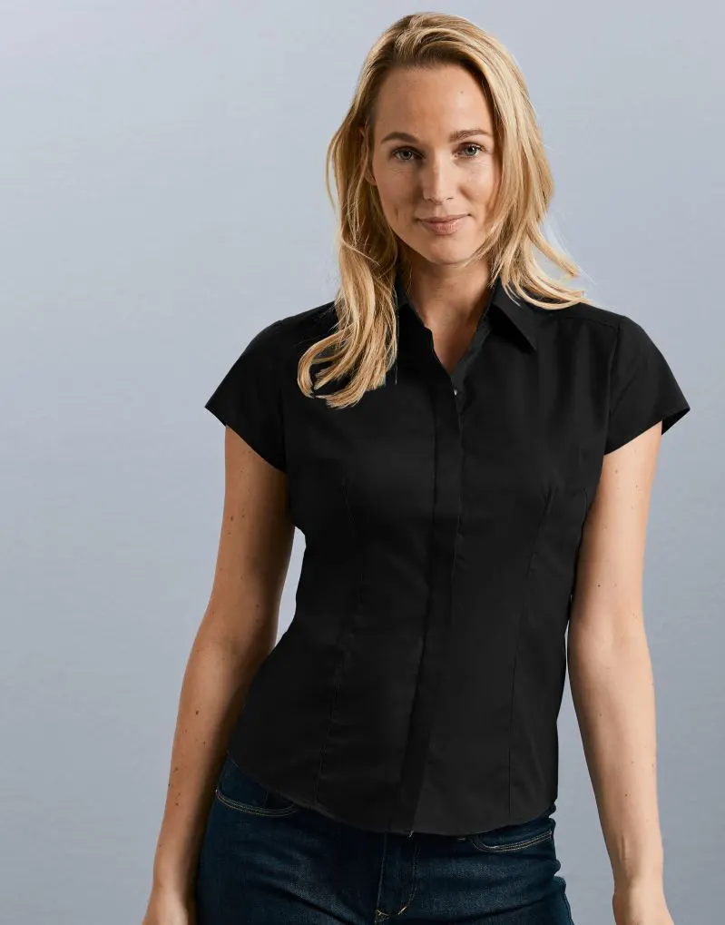Russell Collection Ladies Cap Sleeve Fitted Polycotton Poplin Shirt
