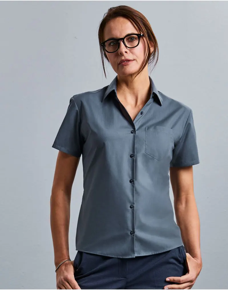 Russell Collection Ladies Short Sleeve Classic Polycotton Poplin Shirt