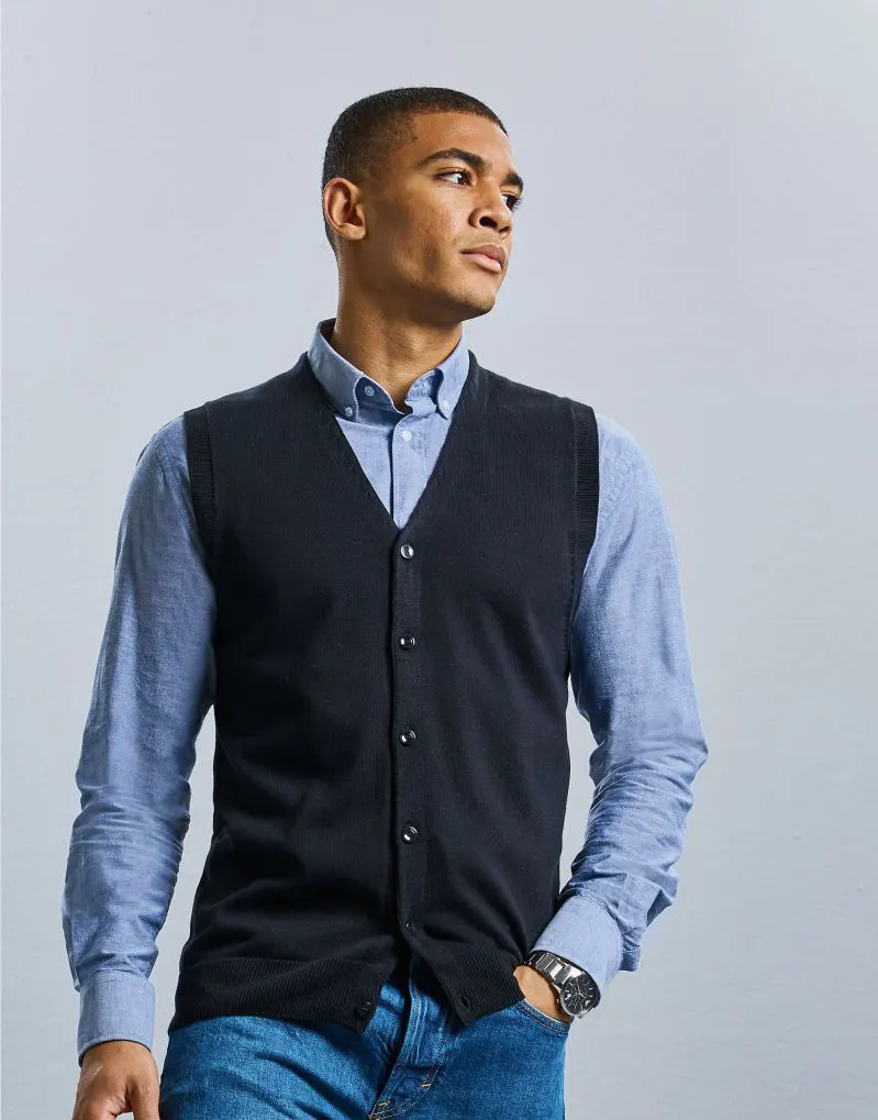 Russell Collection Mens V-Neck Sleeveless Knitted Cardigan