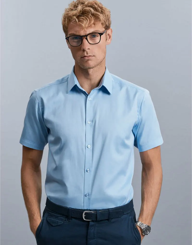 Russell Collection Mens Short Sleeve Tailored Herringbone Shirt