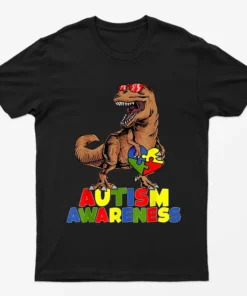 Black Autism Awareness Dinosaur Graphic T-Shirt