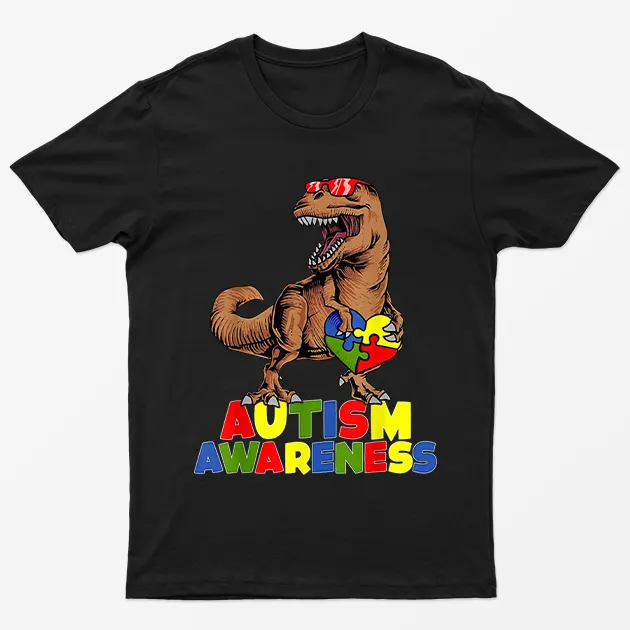 Black Autism Awareness Dinosaur Graphic T-Shirt