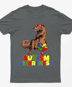 Charcoal Autism Awareness Dinosaur Graphic T-Shirt
