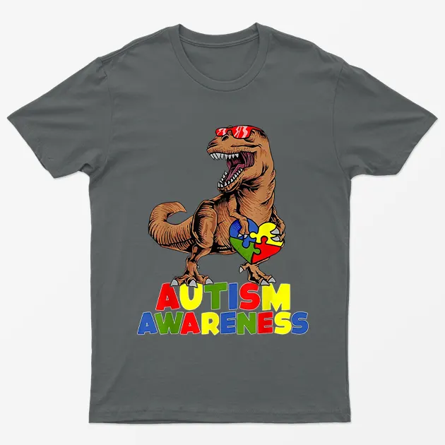 Charcoal Autism Awareness Dinosaur Graphic T-Shirt