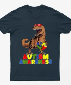 Navy Blue Autism Awareness Dinosaur Graphic T-Shirt
