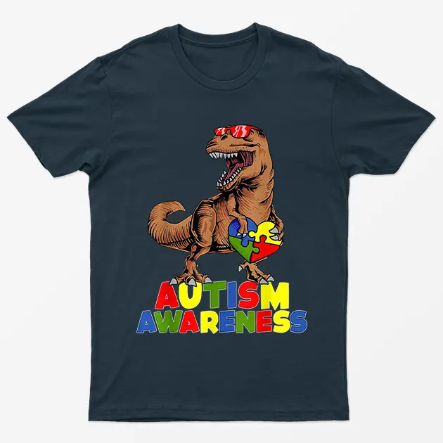 Navy Blue Autism Awareness Dinosaur Graphic T-Shirt
