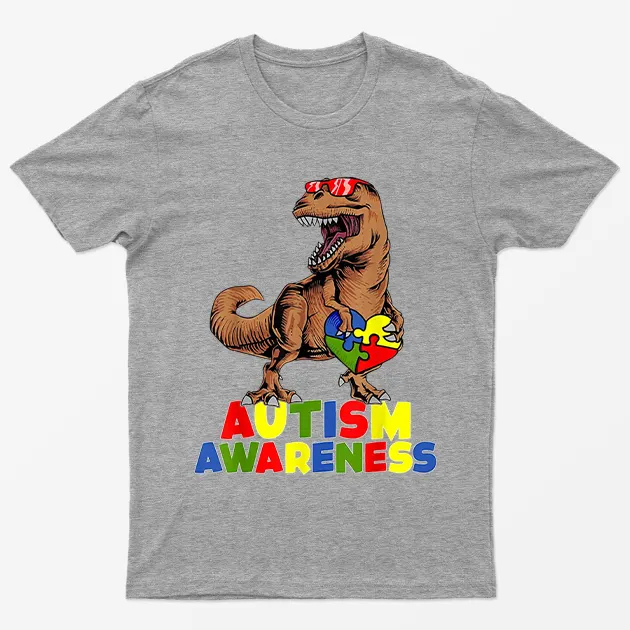 Sport Grey Autism Awareness Dinosaur Graphic T-Shirt