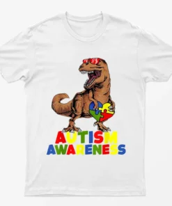 White Autism Awareness Dinosaur Graphic T-Shirt