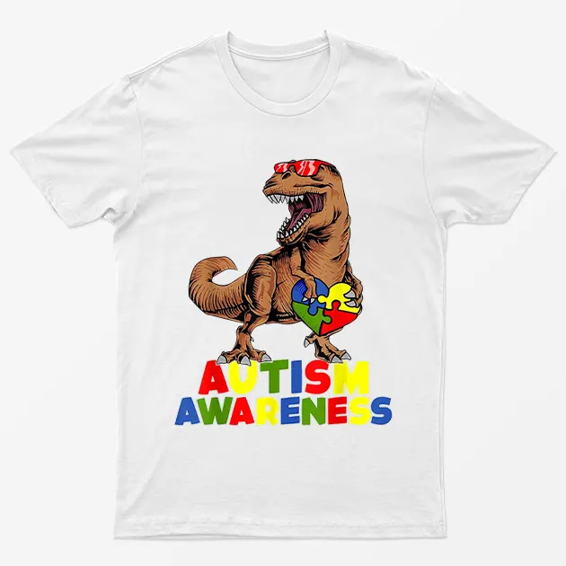 White Autism Awareness Dinosaur Graphic T-Shirt