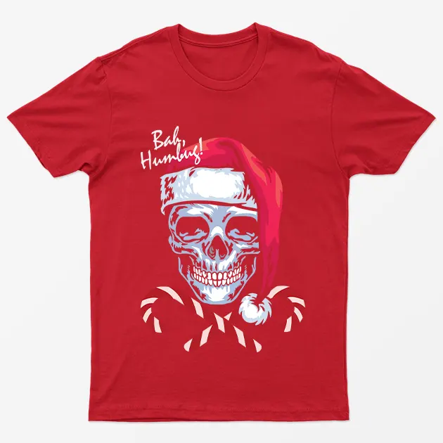 Red Bah Humbug Christmas Skull T-Shirt
