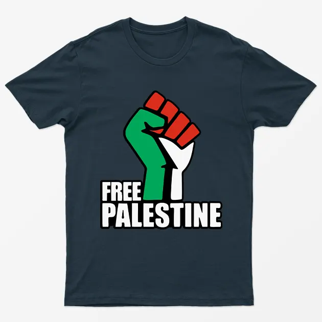 Navy Blue Free Palestine Power Fist T-Shirt