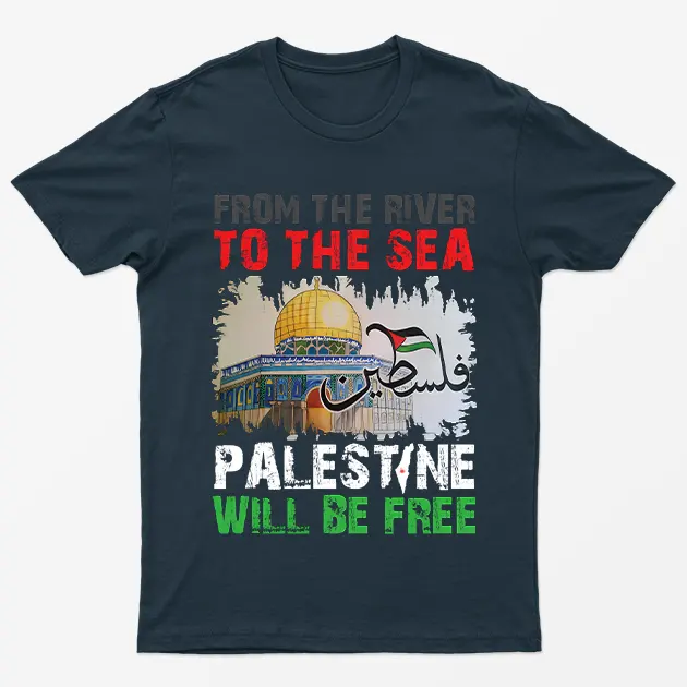 Navy Blue From River To Sea Free Palestine Graphic T-Shirt