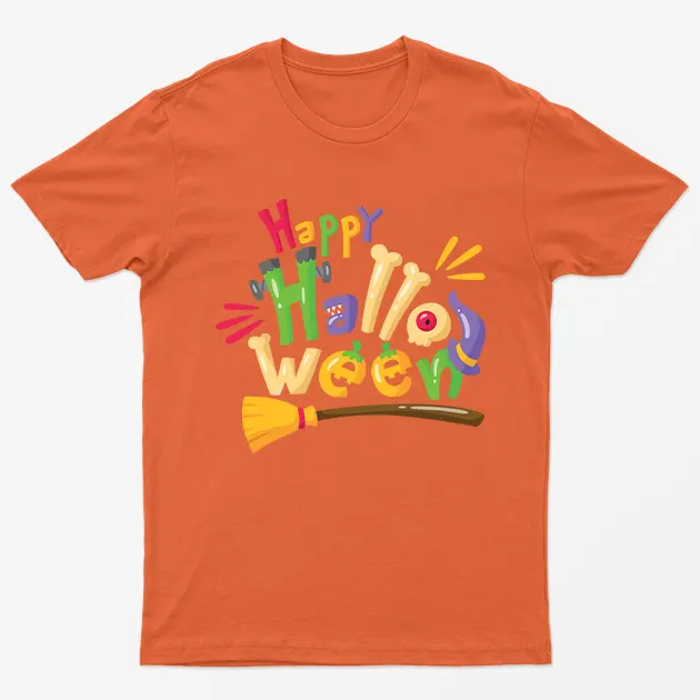 Orange Happy Halloween Broom Kids T-Shirt