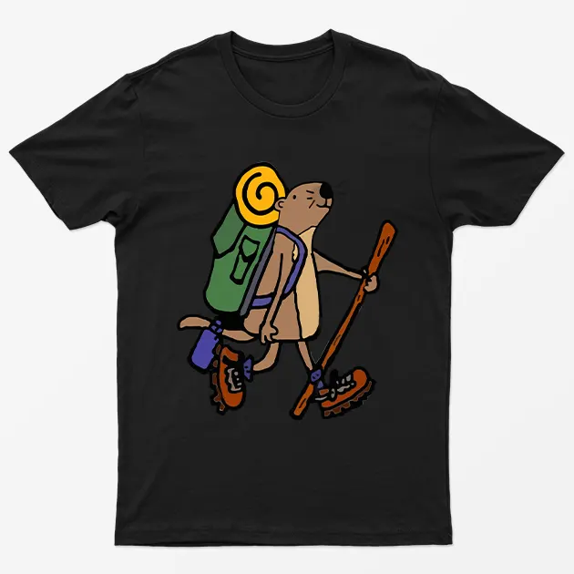 Black Hiking Cartoon Bear Camping T-Shirt