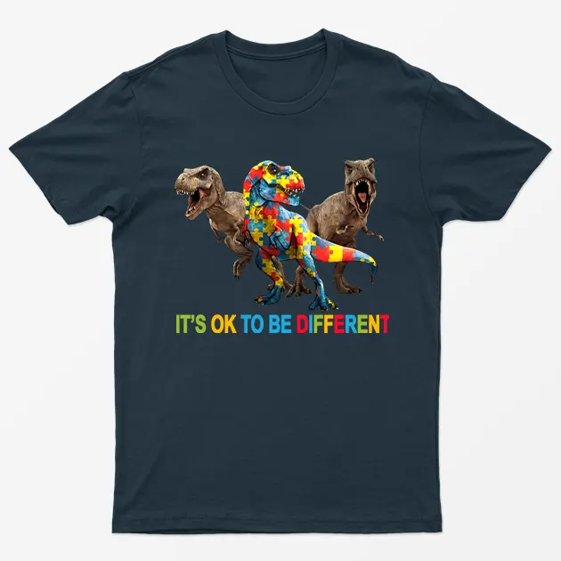 Navy Blue Its Ok To Be Different Autism Dinosaur T-Shirt