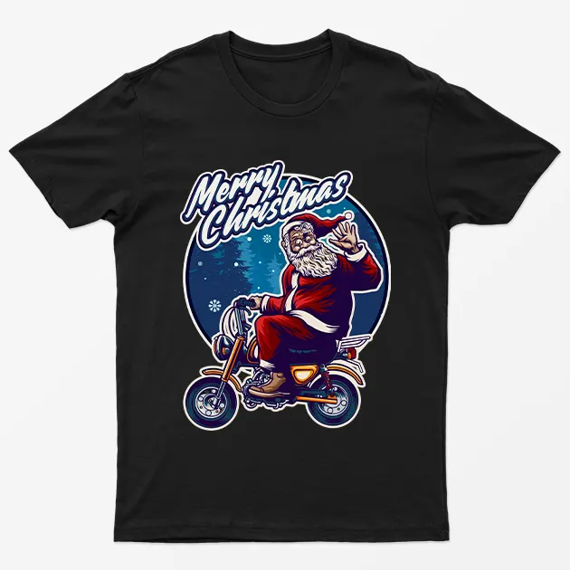 Black Merry Christmas Biker Santa T-Shirt