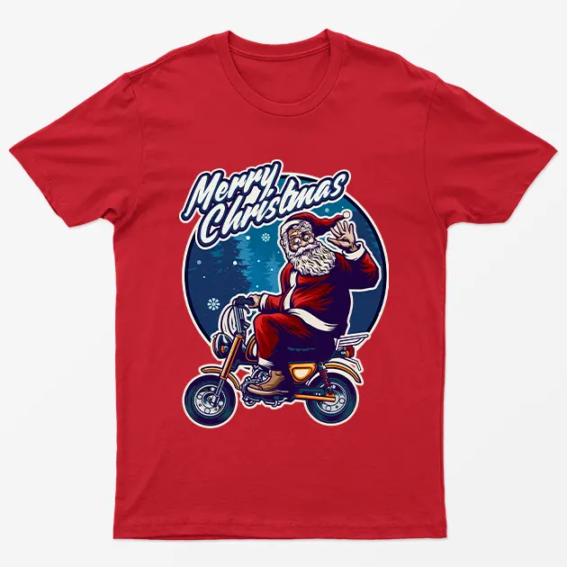 Red Merry Christmas Biker Santa T-Shirt