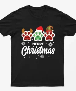 Black Merry Christmas Cute Paws T-Shirt