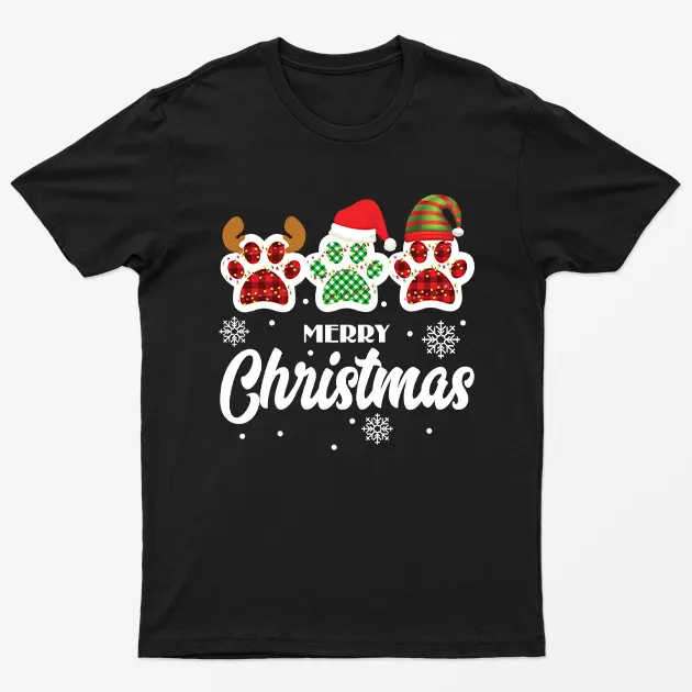 Black Merry Christmas Cute Paws T-Shirt