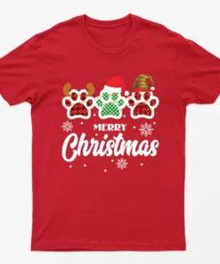 Red Merry Christmas Cute Paws T-Shirt