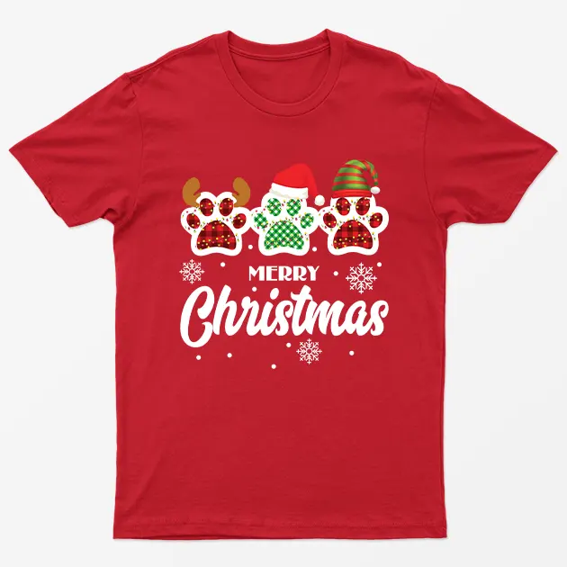 Red Merry Christmas Cute Paws T-Shirt