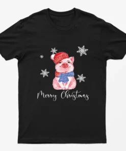 Black Merry Christmas Cute Pig T-Shirt