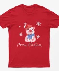 Red Merry Christmas Cute Pig T-Shirt