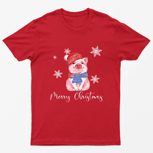 Red Merry Christmas Cute Pig T-Shirt