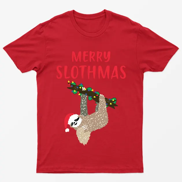 Red Merry Slothmas Christmas Graphic T-Shirt