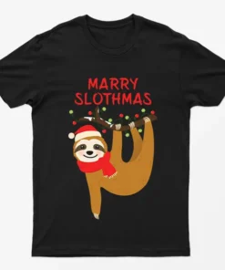 Black Merry Slothmas Christmas T-Shirt