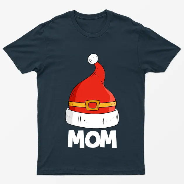 Navy Blue Mom Red Santa Hat Graphic T-Shirt
