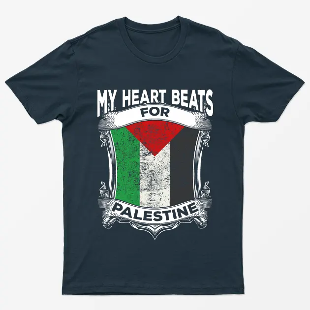 Navy Blue My Heart Beats For Palestine Graphic T-Shirt