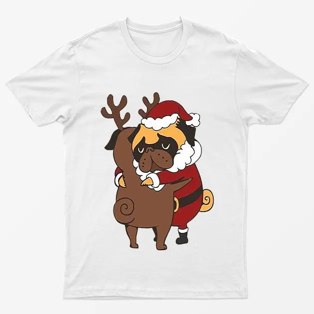 White Pug Hugs Reindeer Christmas T-Shirt