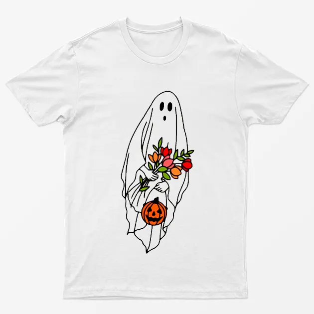White Spooky Ghost With Flowers T-Shirt