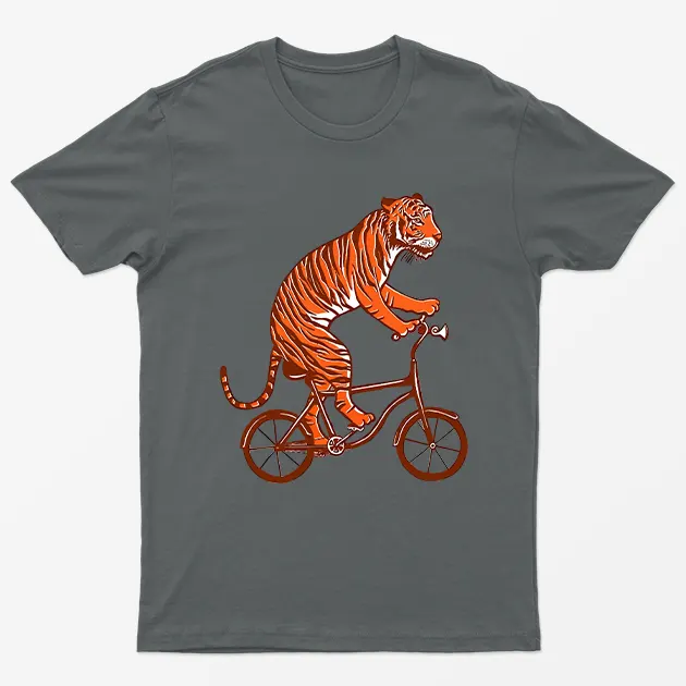 Charcoal Tiger On Bicycle Graphic T-Shirt