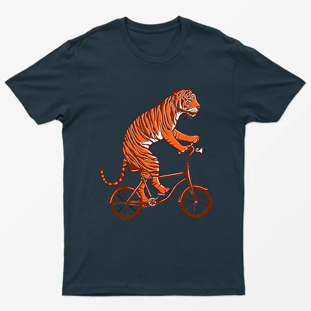 Navy Blue Tiger On Bicycle Graphic T-Shirt