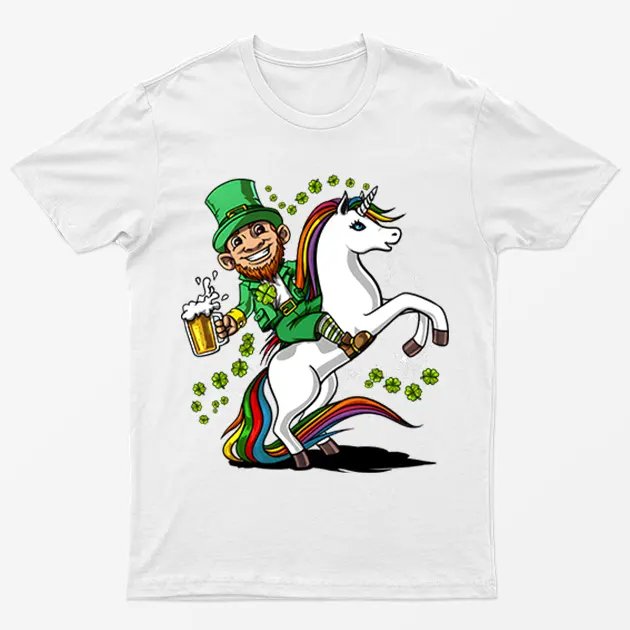 White Leprechaun Riding Horse Graphic T-Shirt