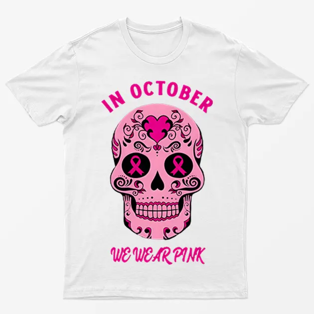 White Pink Skeleton Cancer Breast Awaeness T-Shirt