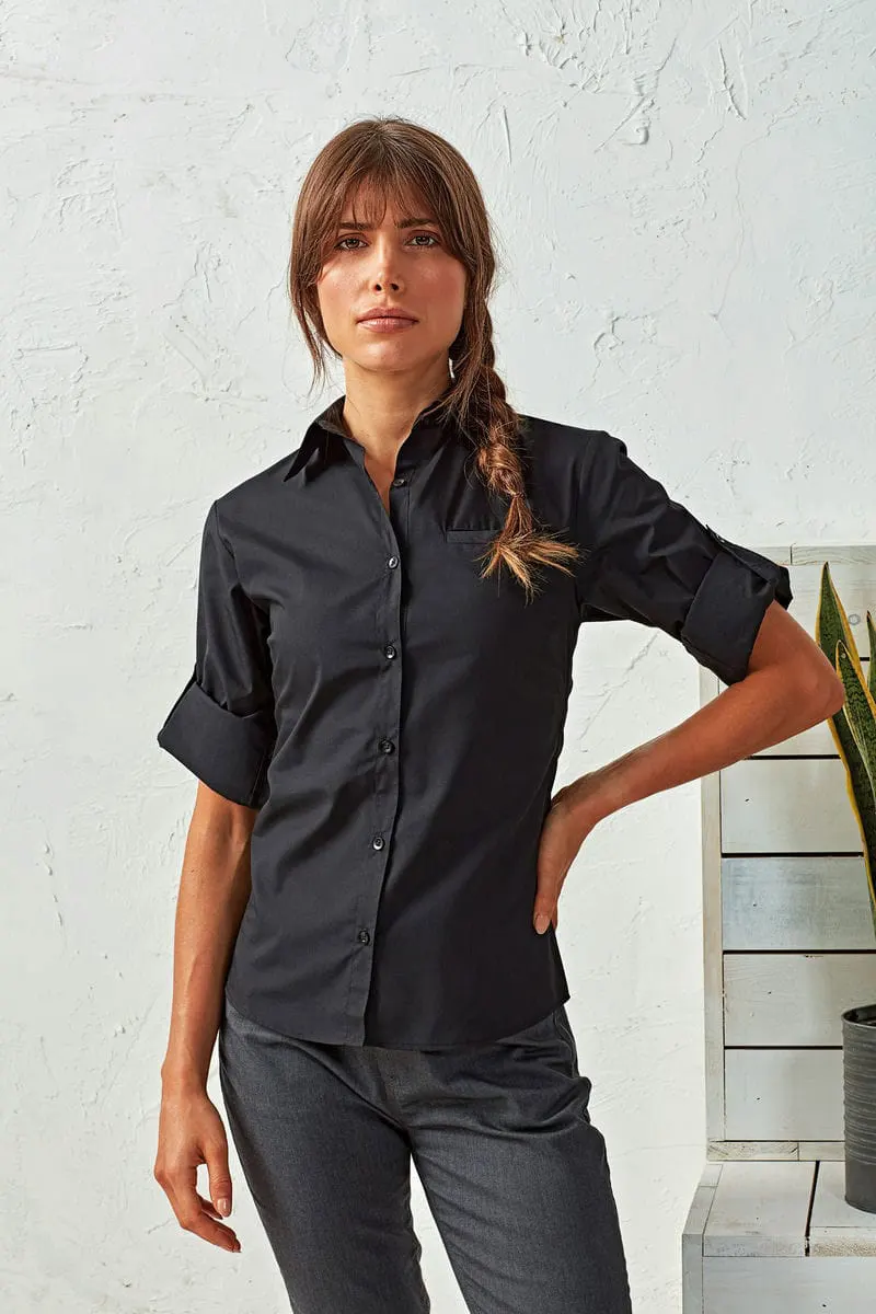 Premier Womens Roll Sleeve Poplin Blouse