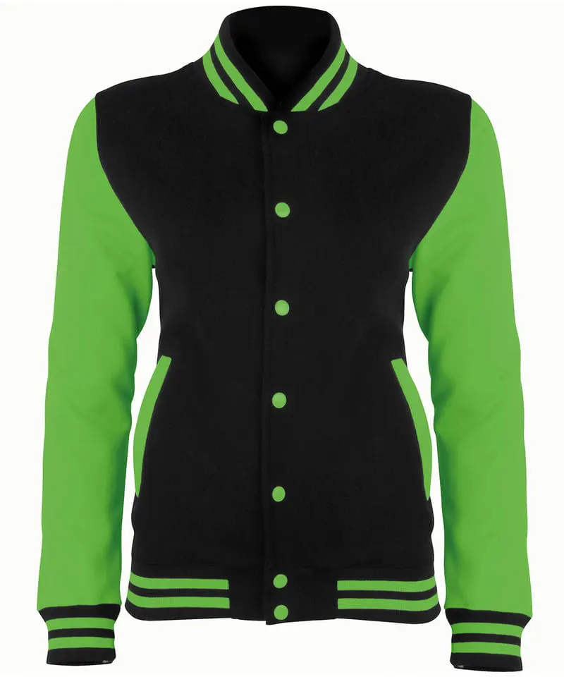 Awdis Just Hoods Unisex Electric Varsity Jacket In Jet Black And Electric Green