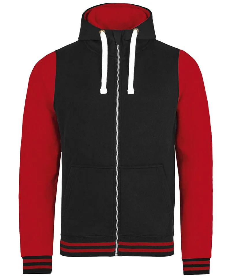 Awdis Just Hoods Unisex Urban Varsity Zoodie In Jet Black And Fire Red