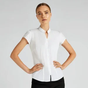 Kustom Kit Womens Continental Blouse Mandarin Collar Cap Sleeve Tailored Fit